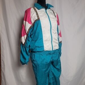 VTG Longstreet Petite Full Zip 2 Puece Nylon Windbreaker Set Teal/ White Size S